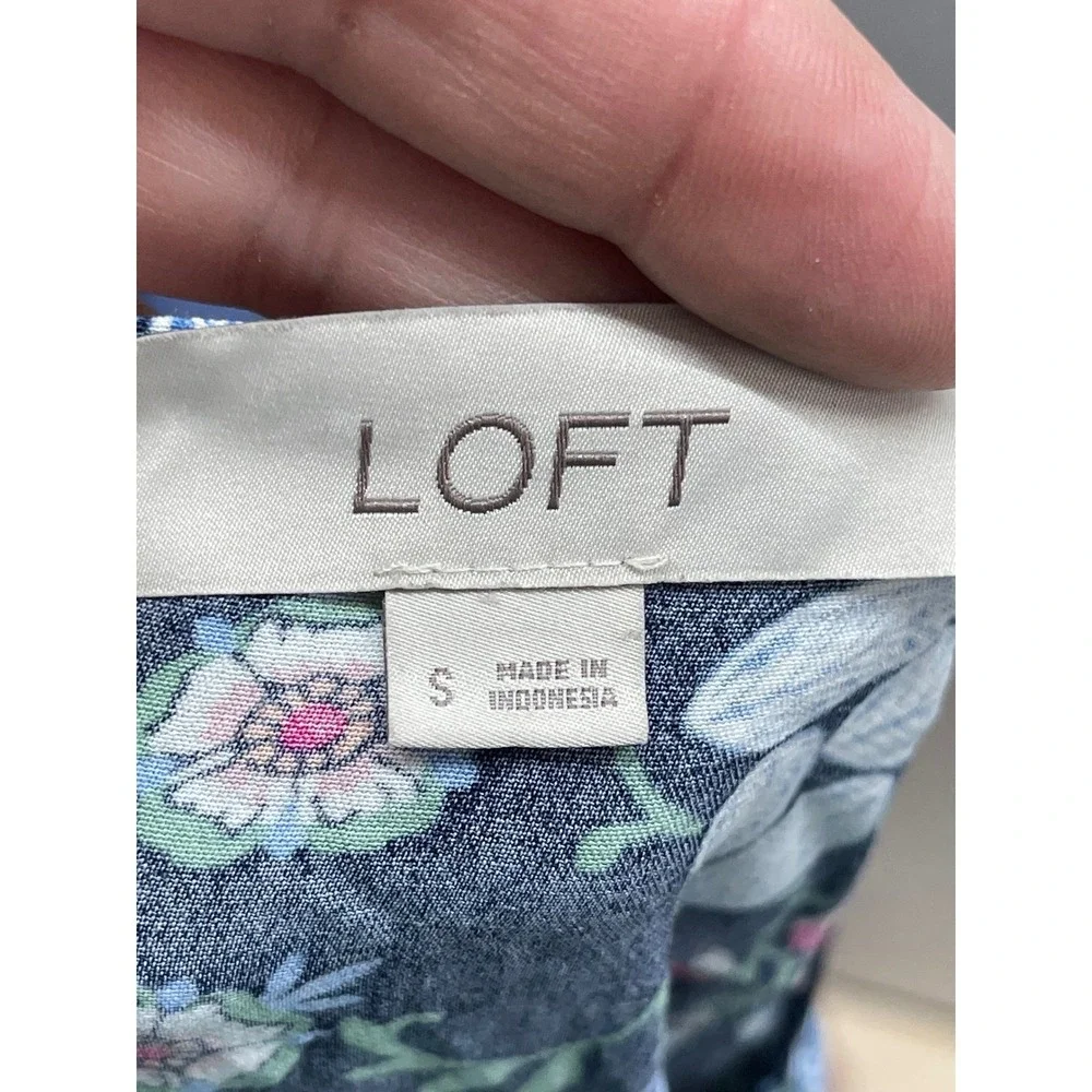 Loft‎ Navy Blue Floral Ruffle Hem Mini Dress Short Sleeve Drawstring Waist Small